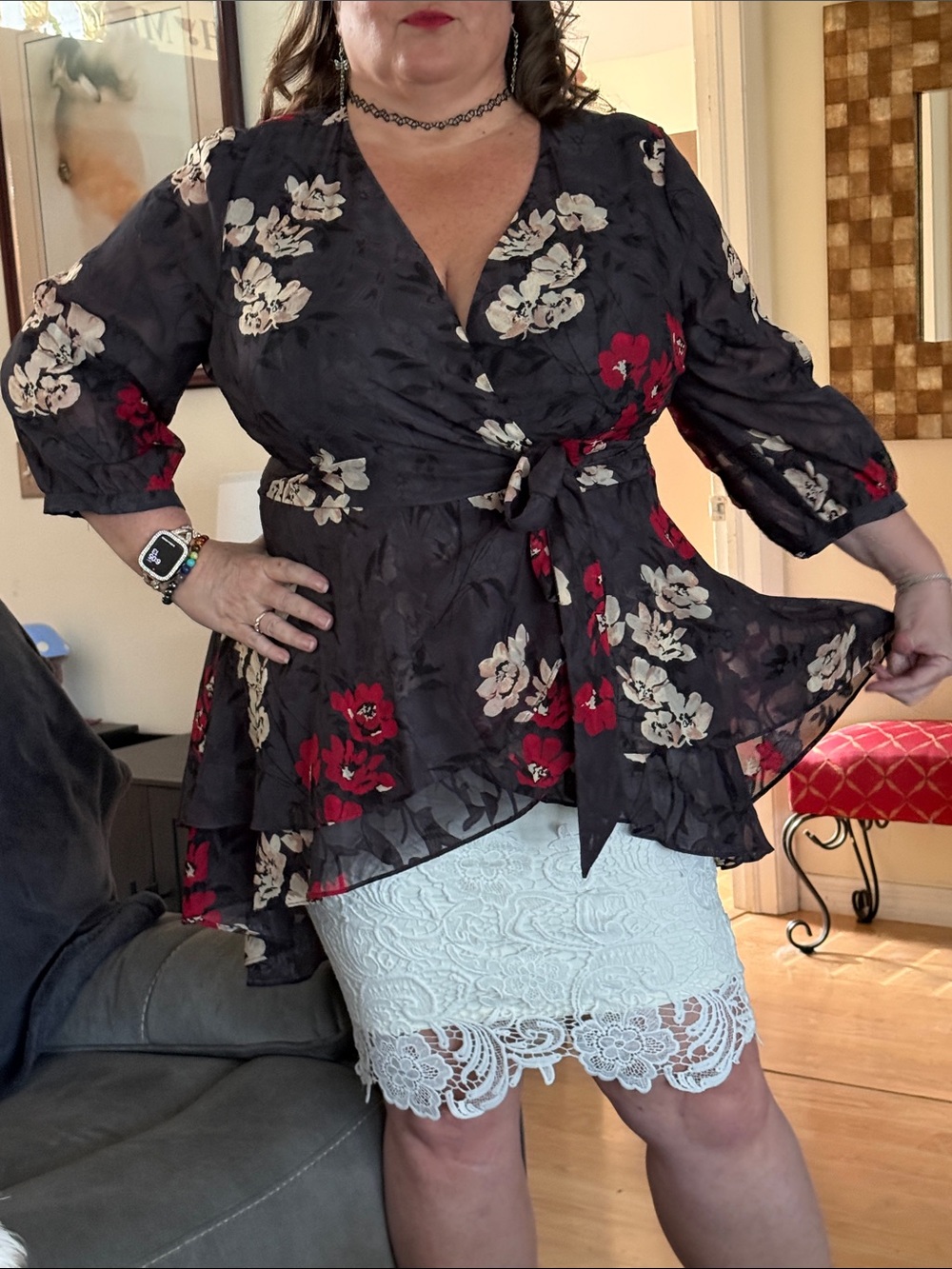 Torrid gray and Red V-Neck Dolman Sleeve Tunic
